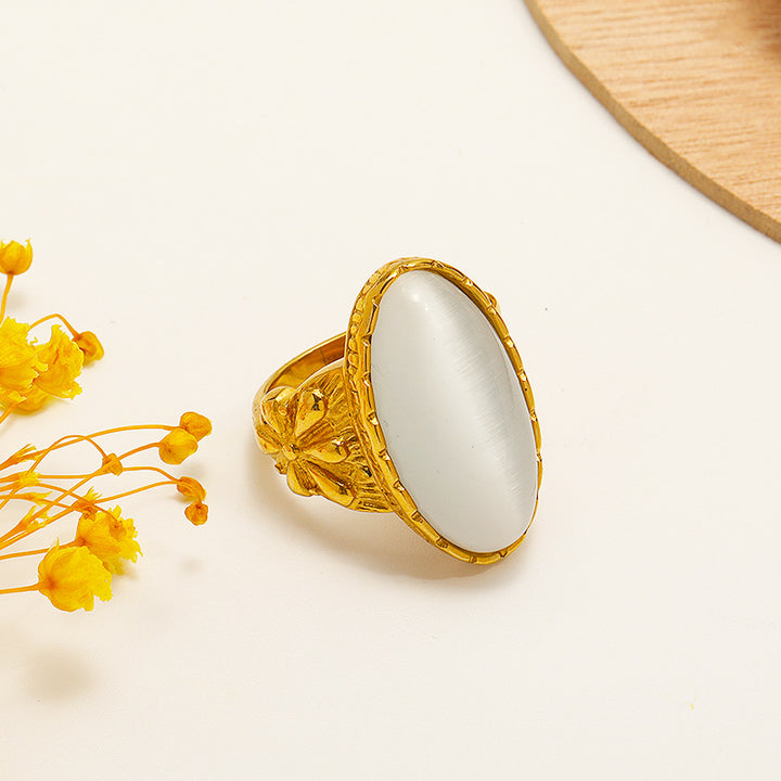 Bague en pierre ovale œil de chat blanc vert Olivenorma