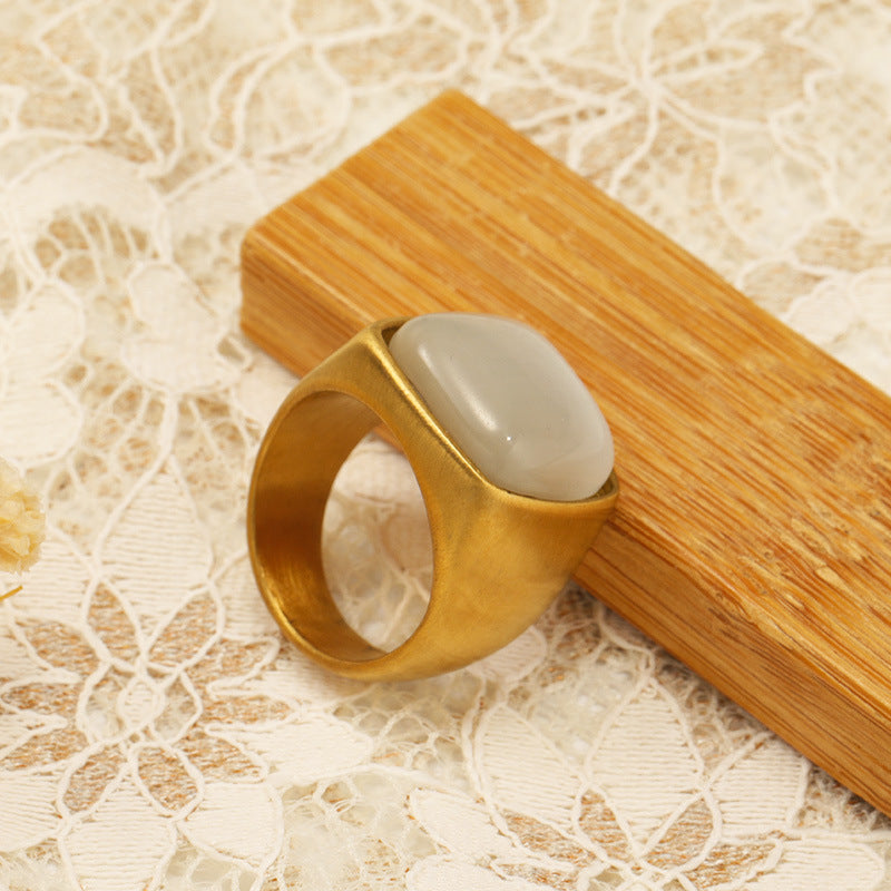 Bague en acier titane avec pierre œil de chat blanche carrée Olivenorma