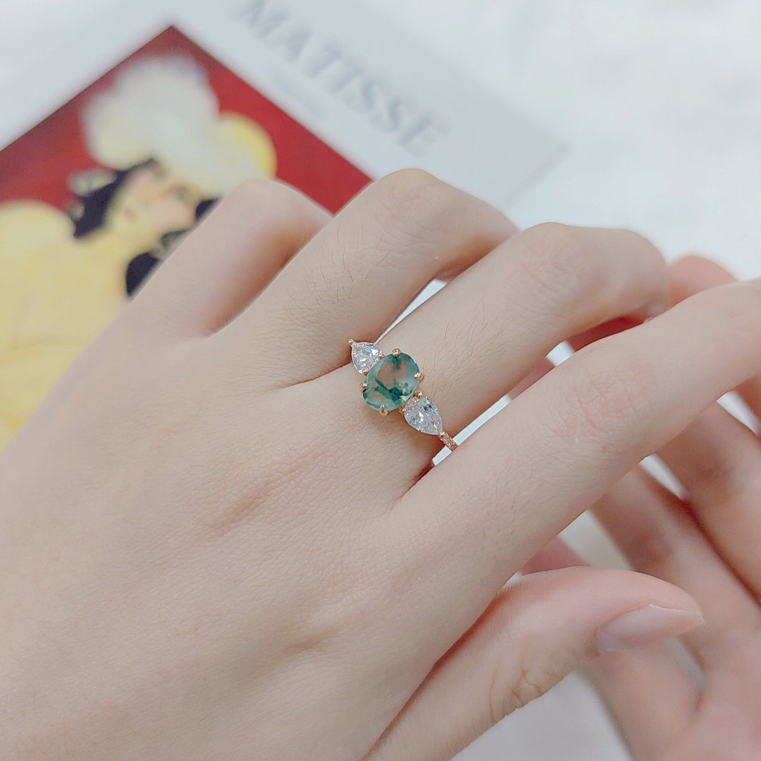 Bague bilatérale en zircon blanc et agate mousse Olivenorma