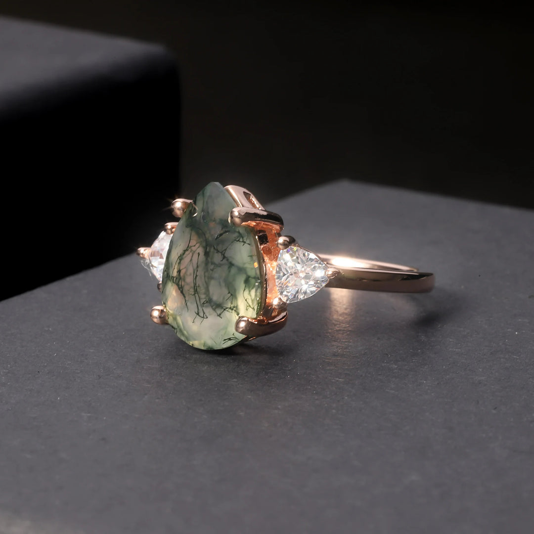 Bague de fiançailles en forme de goutte d'eau en agate mousse Olivenorma