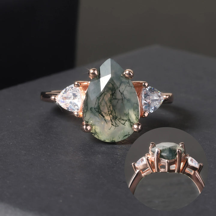 Bague de fiançailles en forme de goutte d'eau en agate mousse Olivenorma