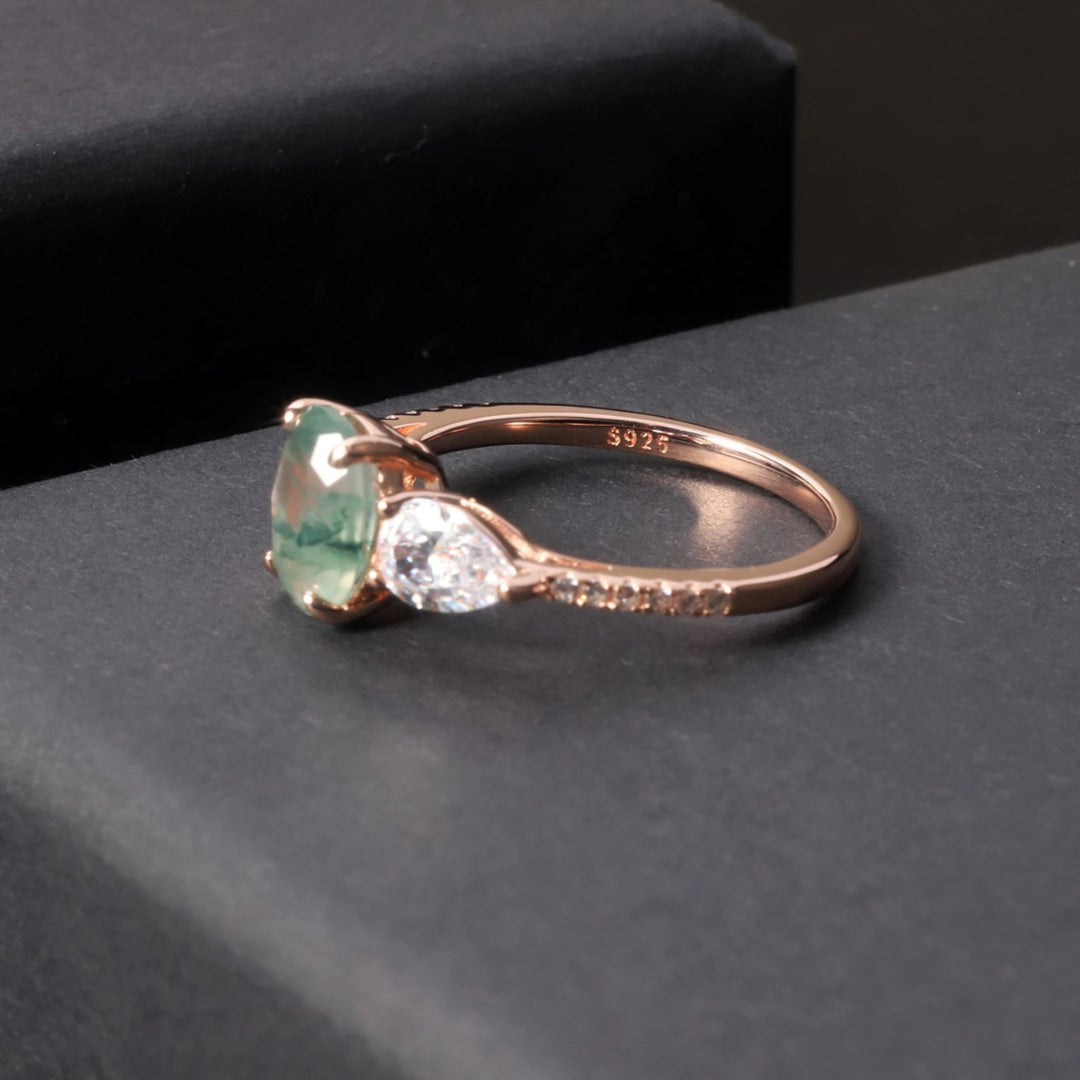 Bague bilatérale en zircon blanc et agate mousse Olivenorma