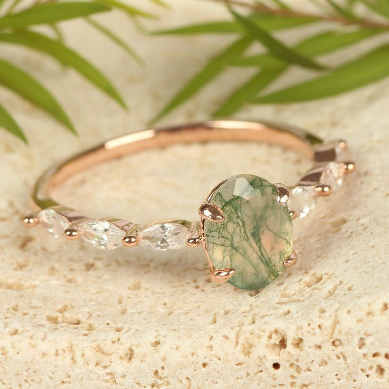 Bague solitaire ovale en agate mousse pour femme Olivenorma
