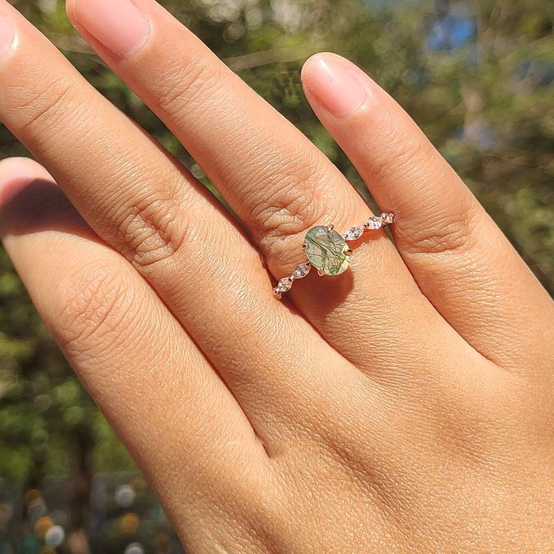 Bague solitaire ovale en agate mousse pour femme Olivenorma