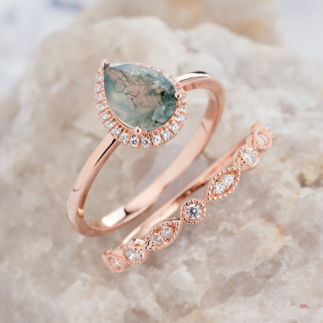 Bague de fiançailles Olivenorma en agate mousse taille poire