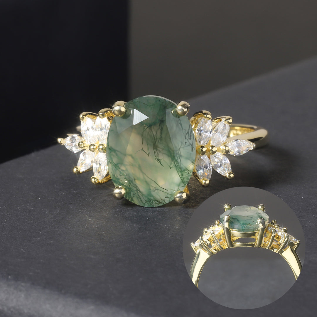 Bague Olivenorma en agate mousse ovale et zircon blanc 18 carats