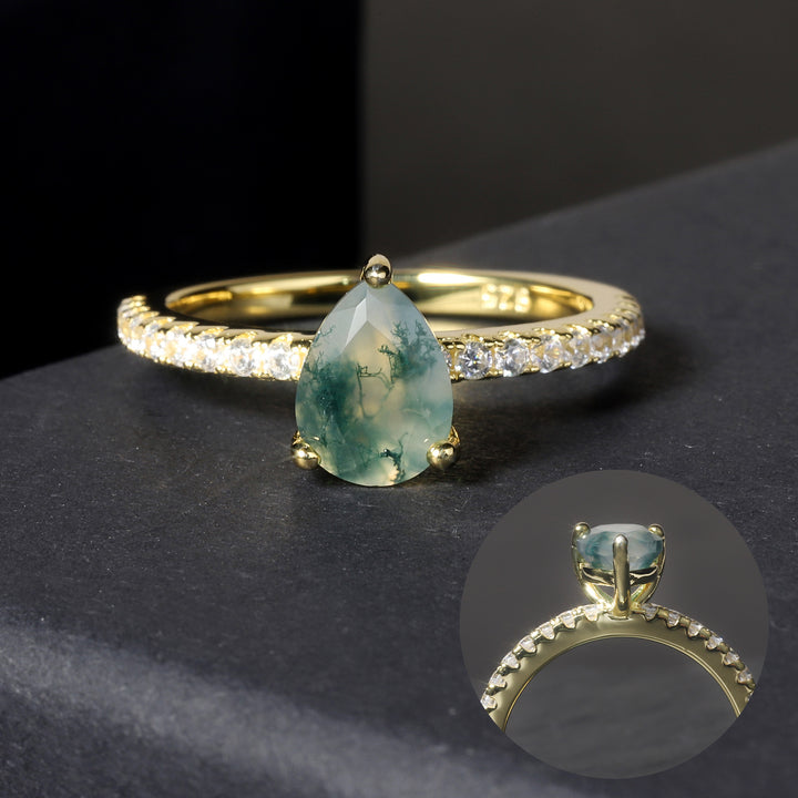 Bague Olivenorma en forme de goutte avec agate mousse et zircon blanc incrusté