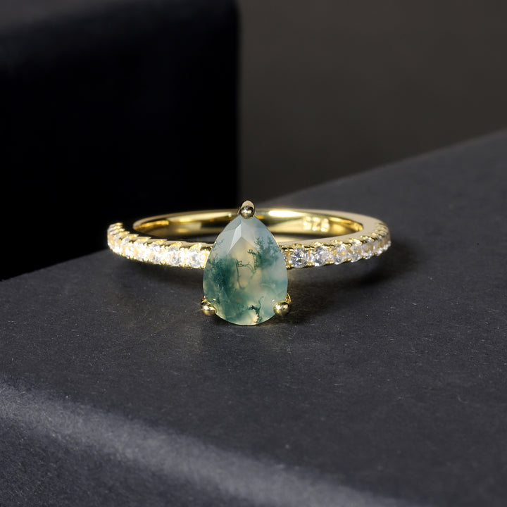 Bague Olivenorma en forme de goutte avec agate mousse et zircon blanc incrusté