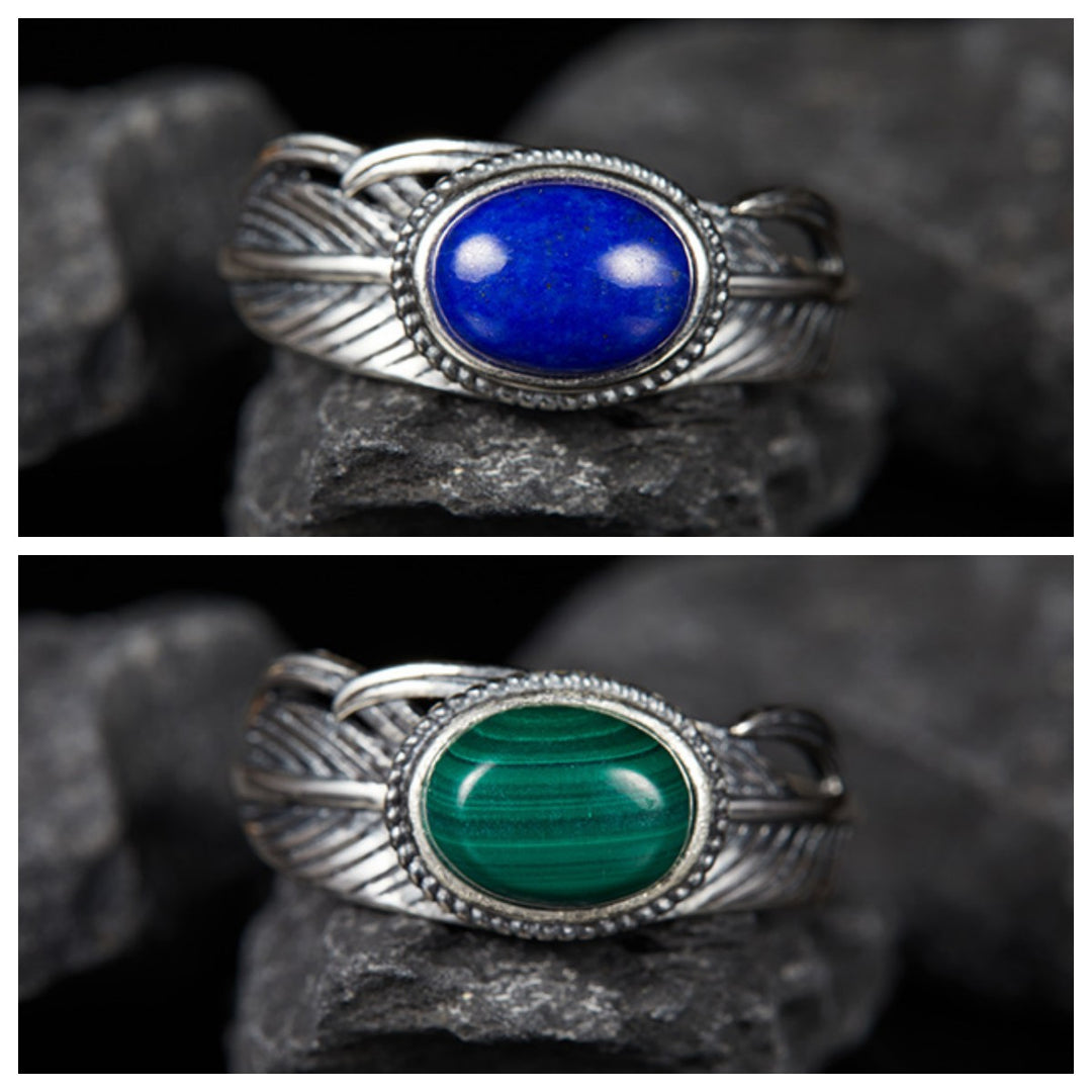 Bague ajustable ouverte en pierre naturelle avec plume gravée Olivenorma