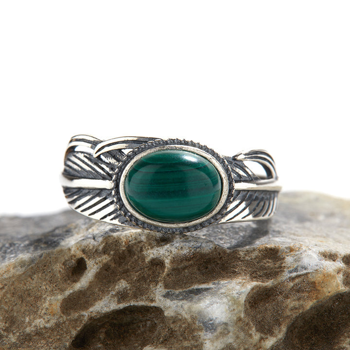 Bague ajustable ouverte en pierre naturelle avec plume gravée Olivenorma