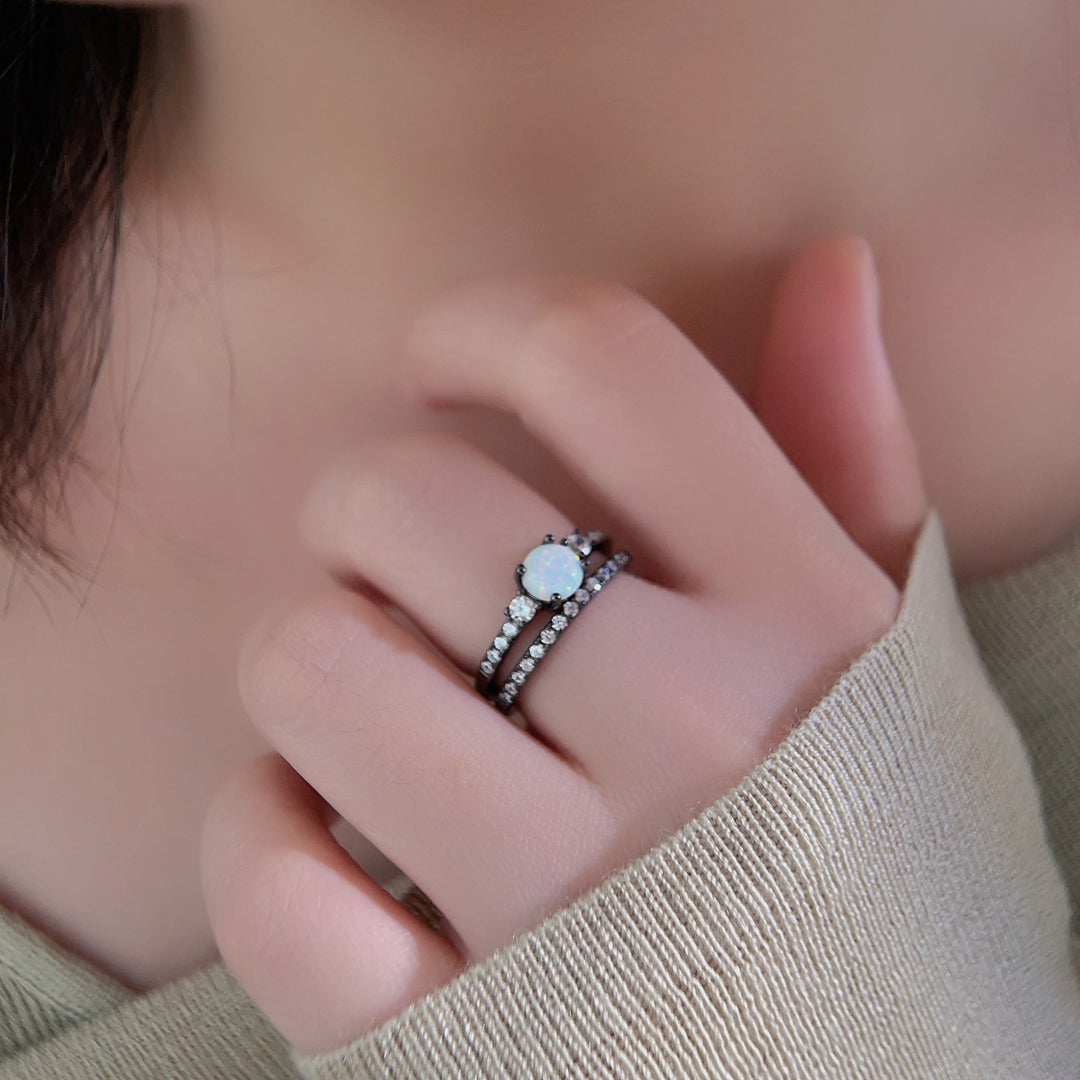 Bague double couche en or noir S925 avec zircon opale Olivenorma