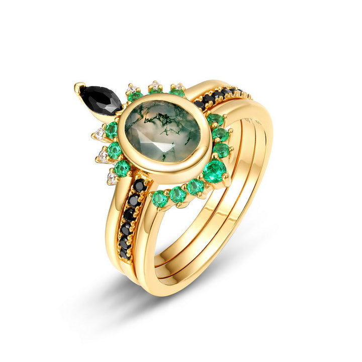 Bague à trois couches en agate mousse et zircon Olivenorma
