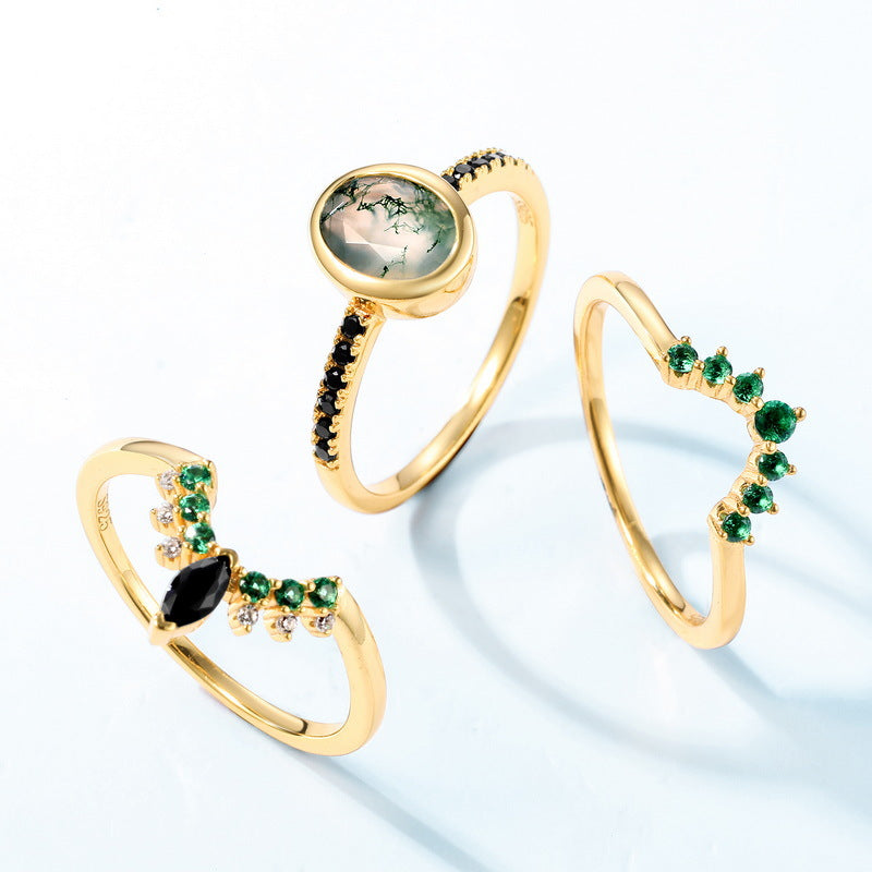 Bague à trois couches en agate mousse et zircon Olivenorma