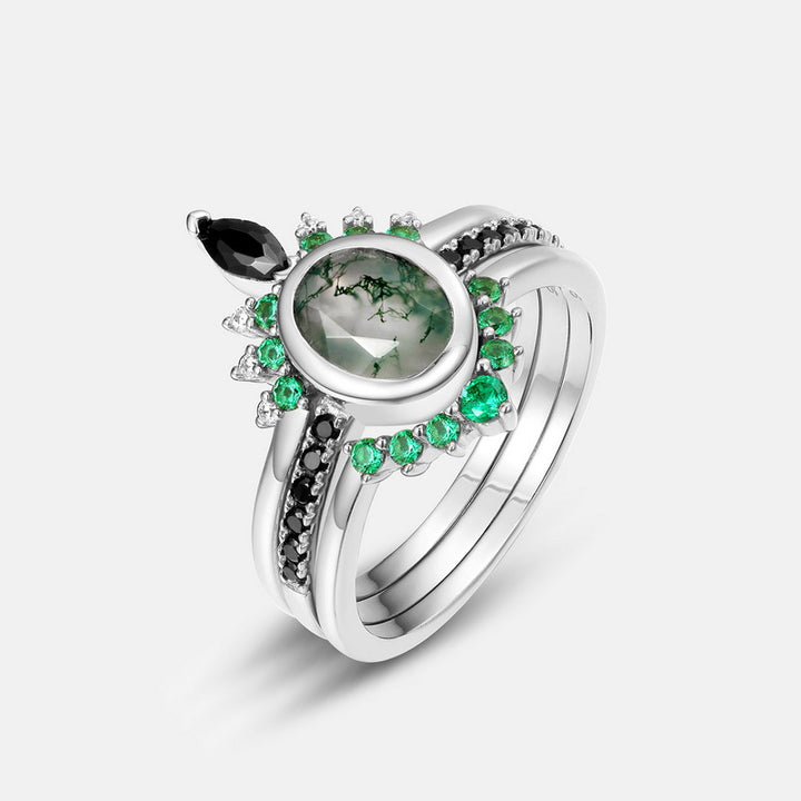 Bague à trois couches en agate mousse et zircon Olivenorma