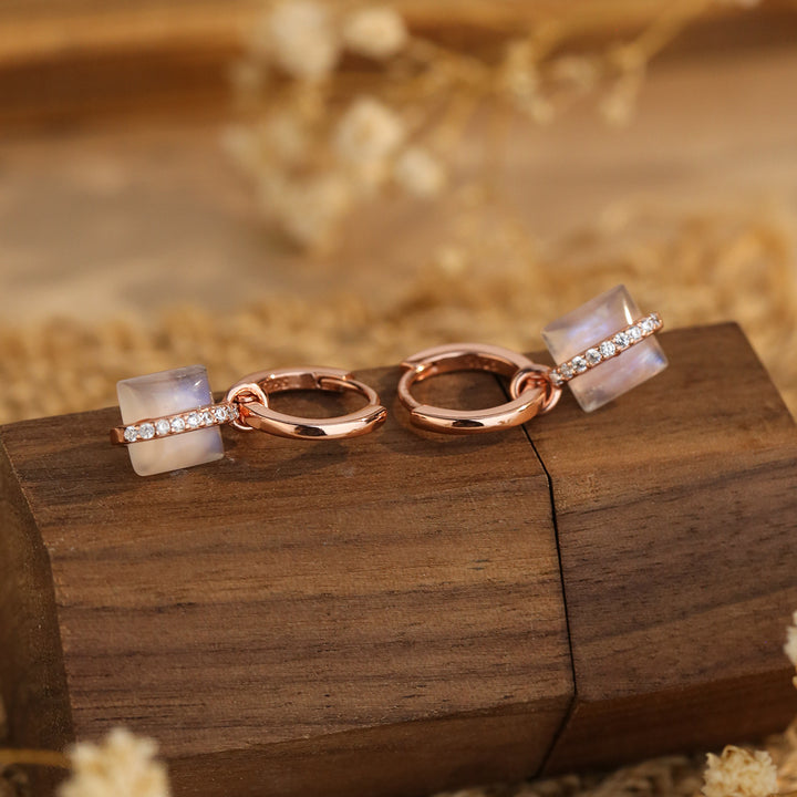 Boucles d'oreilles carrées en argent S925 et or rose avec pierre de lune Olivenorma