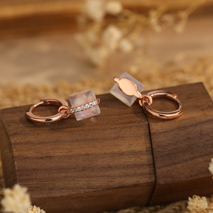 Boucles d'oreilles carrées en argent S925 et or rose avec pierre de lune Olivenorma