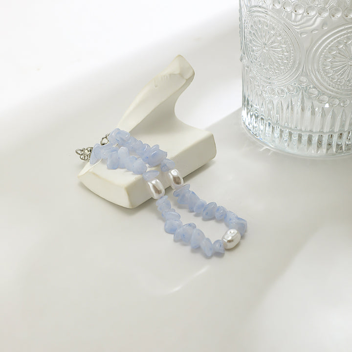 Bracelet homme en perles d'eau douce calcédoine bleue naturelle Olivenorma