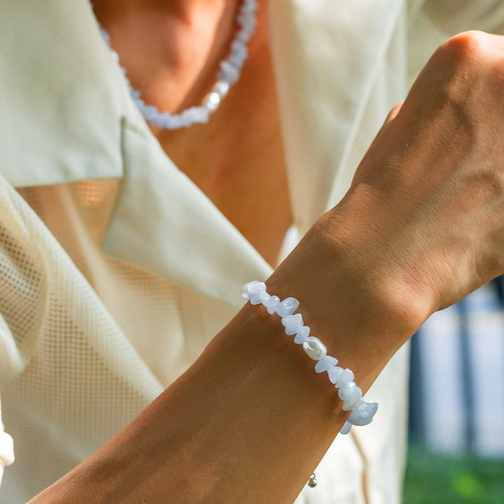 Bracelet homme en perles d'eau douce calcédoine bleue naturelle Olivenorma