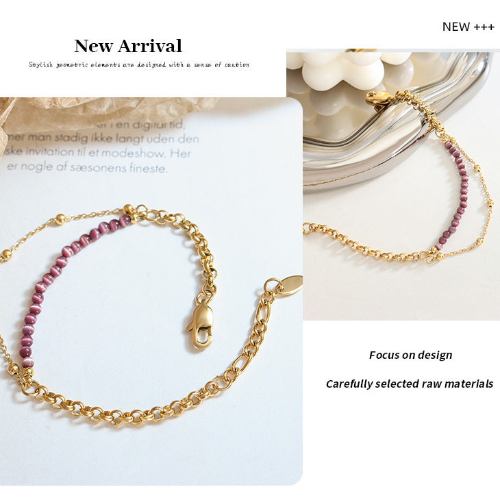 Bracelet double couche en acier titane avec pierre œil de chat violet Olivenorma