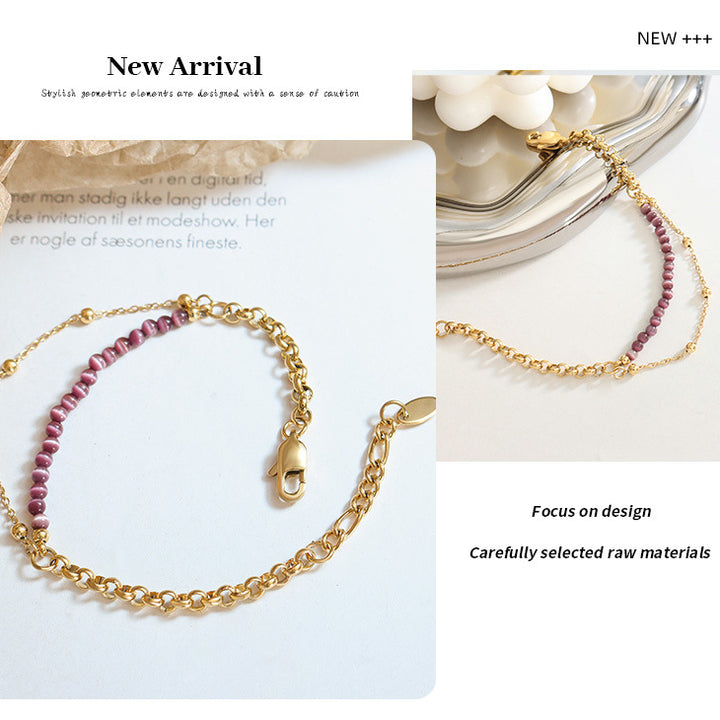 Bracelet double couche en acier titane avec pierre œil de chat violet Olivenorma