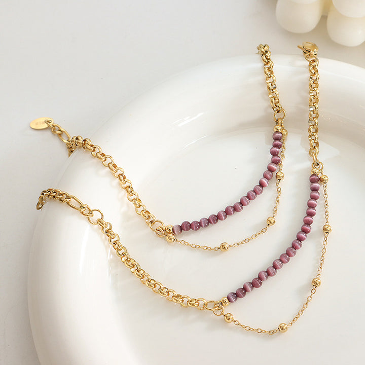 Bracelet double couche en acier titane avec pierre œil de chat violet Olivenorma