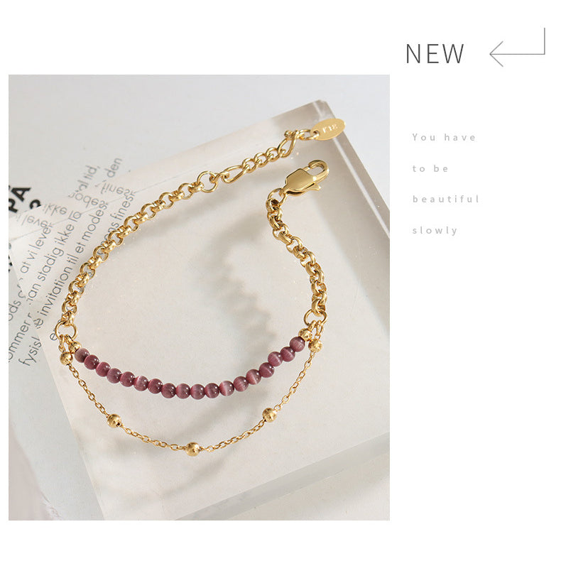 Bracelet double couche en acier titane avec pierre œil de chat violet Olivenorma