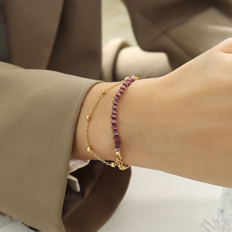 Bracelet double couche en acier titane avec pierre œil de chat violet Olivenorma