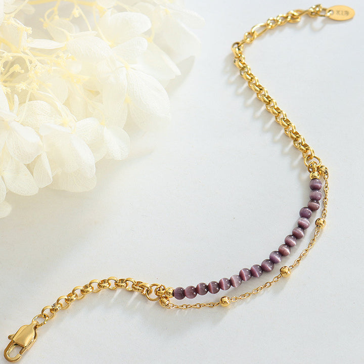 Bracelet double couche en acier titane avec pierre œil de chat violet Olivenorma