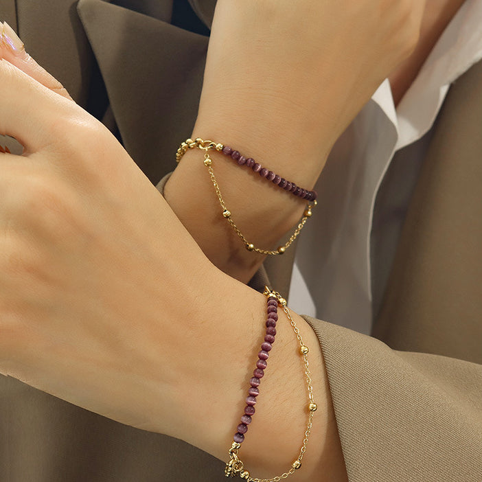 Bracelet double couche en acier titane avec pierre œil de chat violet Olivenorma