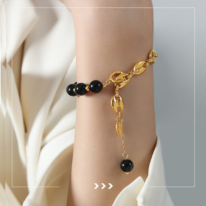 Bracelet en acier titane et perles d'onyx noir et d'agate Olivenorma