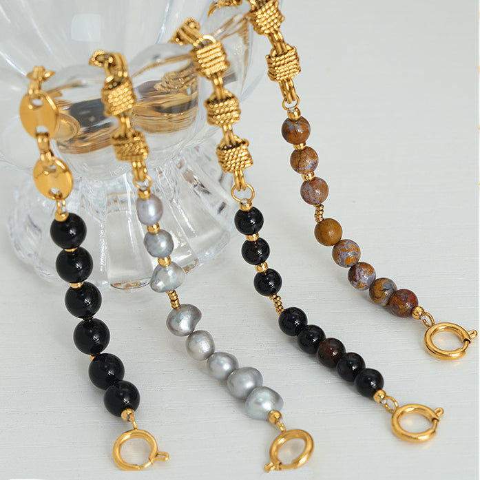 Bracelet en acier titane et perles d'onyx noir et d'agate Olivenorma