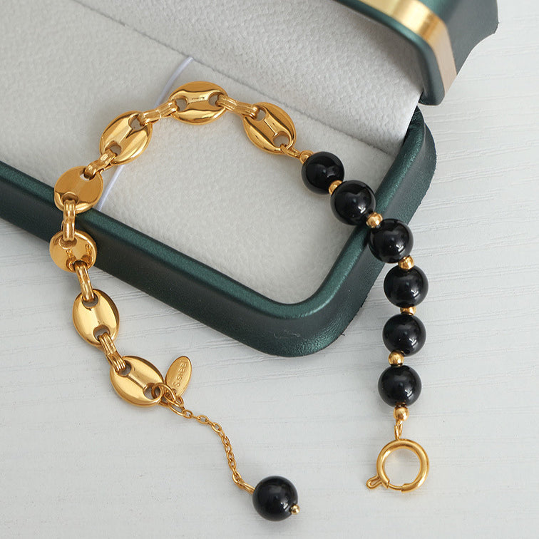 Bracelet en acier titane et perles d'onyx noir et d'agate Olivenorma