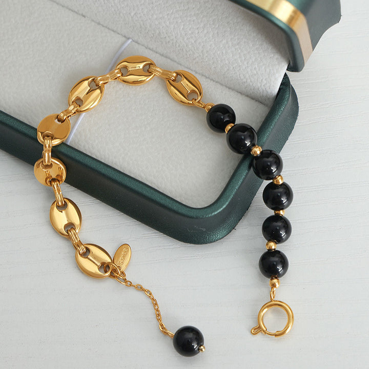 Bracelet en acier titane et perles d'onyx noir et d'agate Olivenorma