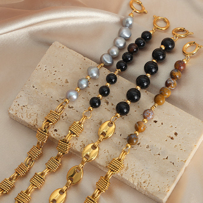 Bracelet en acier titane et perles d'onyx noir et d'agate Olivenorma