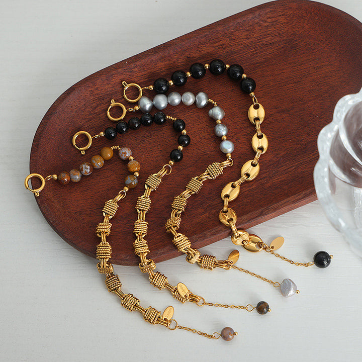 Bracelet en acier titane et perles d'onyx noir et d'agate Olivenorma