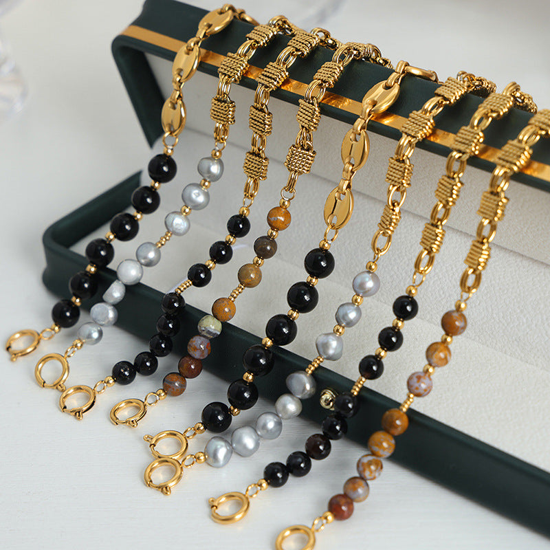 Bracelet en acier titane et perles d'onyx noir et d'agate Olivenorma