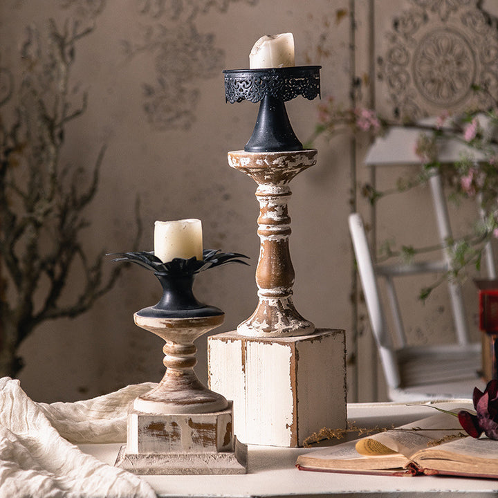 Bougeoir décoratif de table en cire en bois vieilli Olivenorma