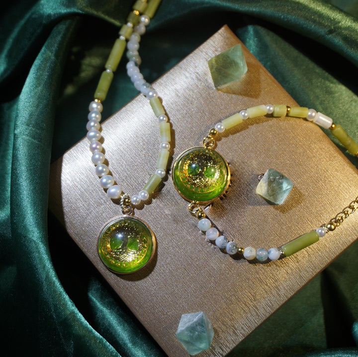 Ensemble de bijoux avec collier et bracelet en perles péridot et arbre de vie Olivenorma