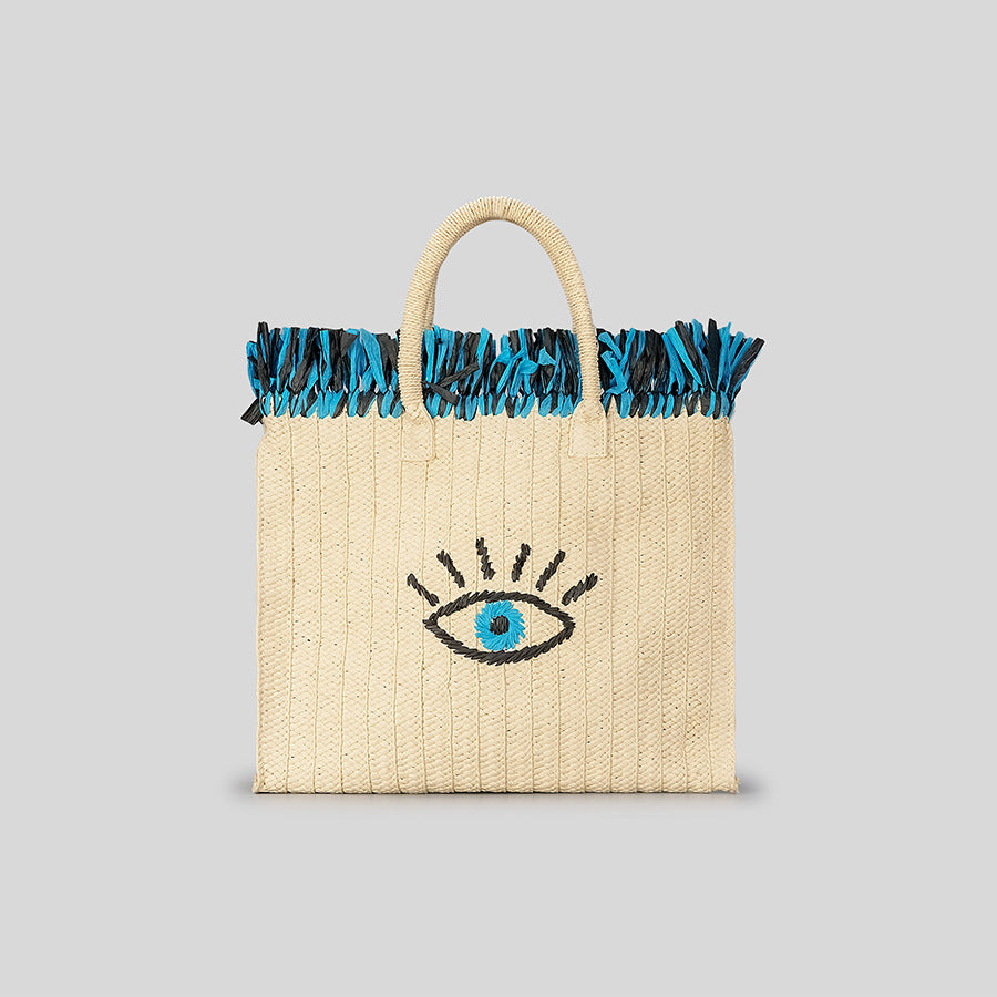 Sac de paille de vacances à pompon de grande capacité avec motif Hamsa Evil Eye Olivenorma