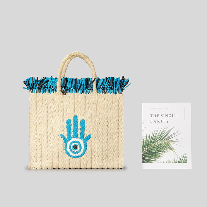 Sac de paille de vacances à pompon de grande capacité avec motif Hamsa Evil Eye Olivenorma