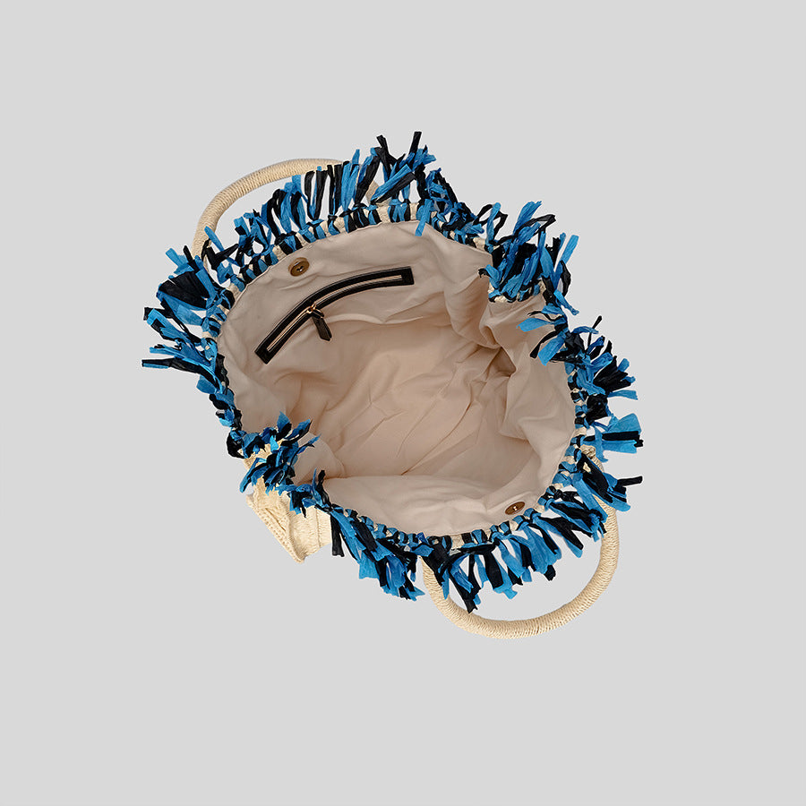 Sac de paille de vacances à pompon de grande capacité avec motif Hamsa Evil Eye Olivenorma