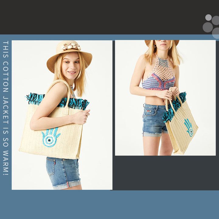 Sac de paille de vacances à pompon de grande capacité avec motif Hamsa Evil Eye Olivenorma