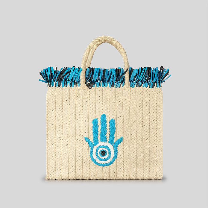 Sac de paille de vacances à pompon de grande capacité avec motif Hamsa Evil Eye Olivenorma