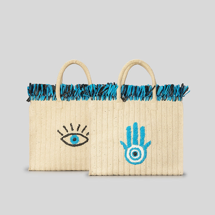 Sac de paille de vacances à pompon de grande capacité avec motif Hamsa Evil Eye Olivenorma