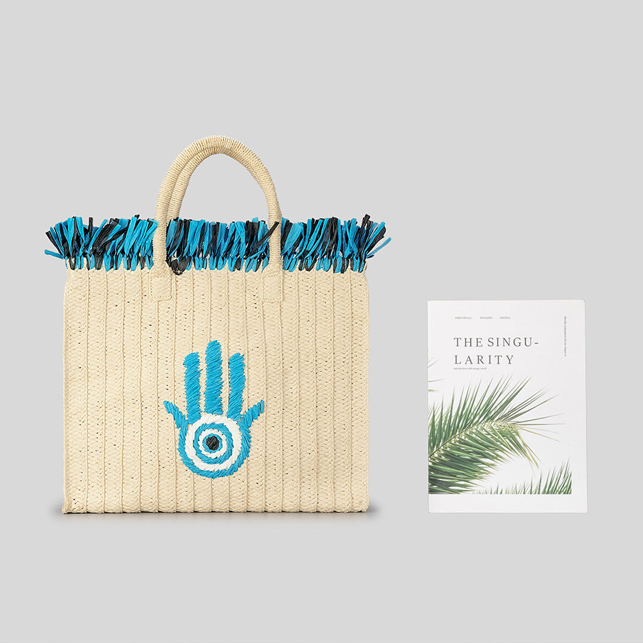 Sac de paille de vacances à pompon de grande capacité avec motif Hamsa Evil Eye Olivenorma