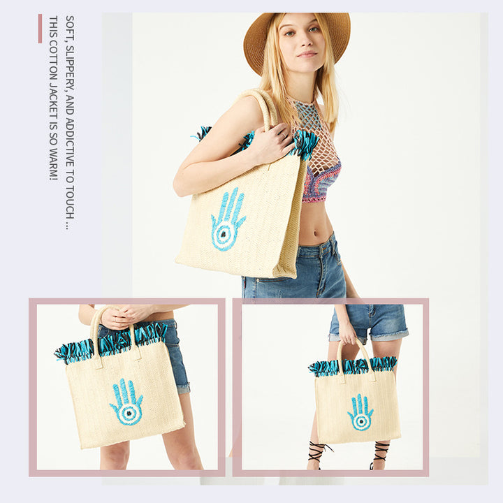 Sac de paille de vacances à pompon de grande capacité avec motif Hamsa Evil Eye Olivenorma