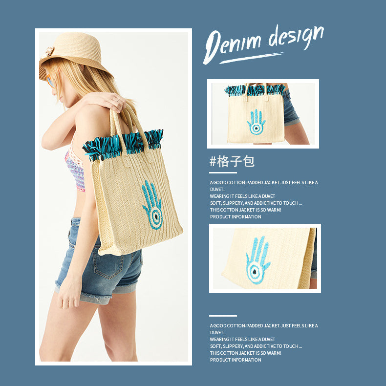 Sac de paille de vacances à pompon de grande capacité avec motif Hamsa Evil Eye Olivenorma