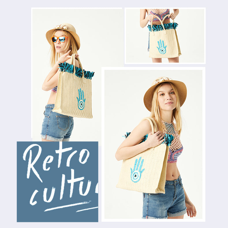 Sac de paille de vacances à pompon de grande capacité avec motif Hamsa Evil Eye Olivenorma