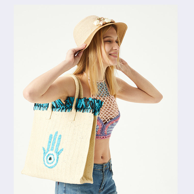 Sac de paille de vacances à pompon de grande capacité avec motif Hamsa Evil Eye Olivenorma