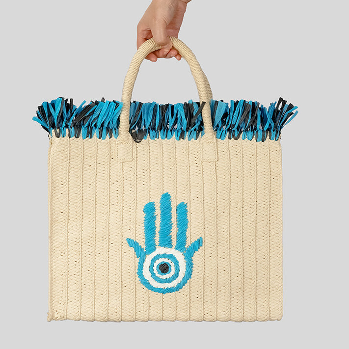 Sac de paille de vacances à pompon de grande capacité avec motif Hamsa Evil Eye Olivenorma